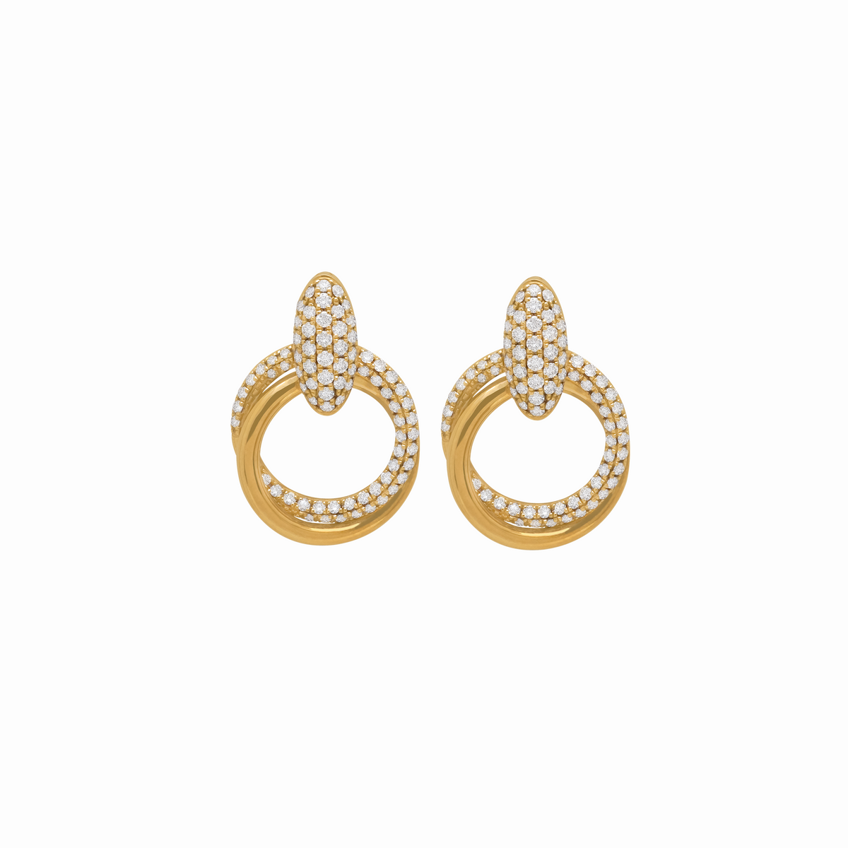 Aretes en oro amarillo 18k con colgadores entrelazadas con brillantes