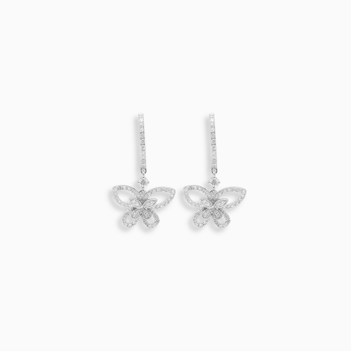 Aretes oro blanco 18k argollas con mariposas colgantes y brillantes