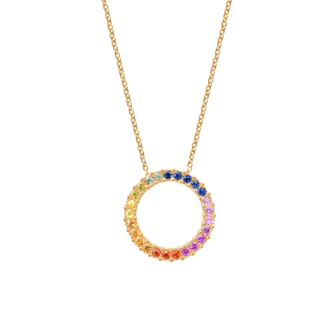 Collar oro rosado 18K dije circulo con zafiros multicolores