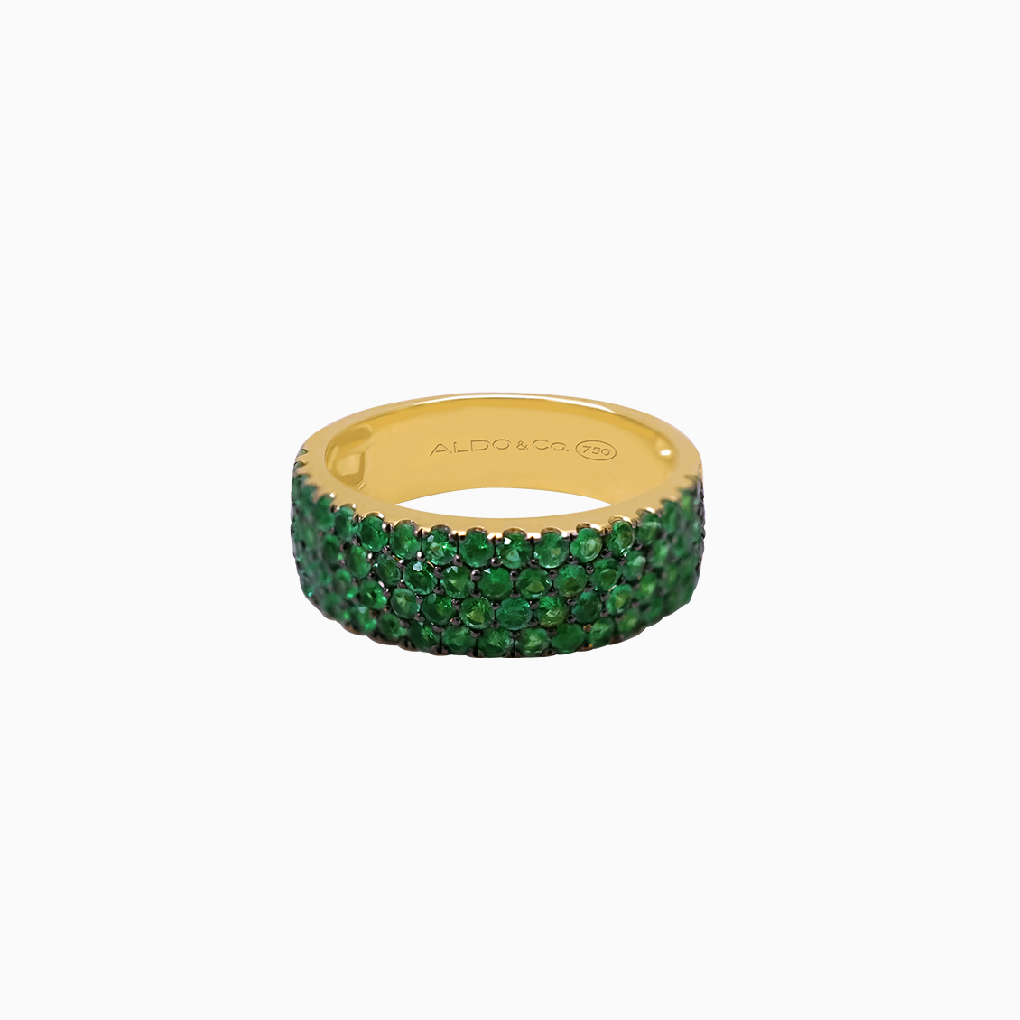Anillo oro amarillo 18K medio rivière con cuatro hileras de esmeraldas