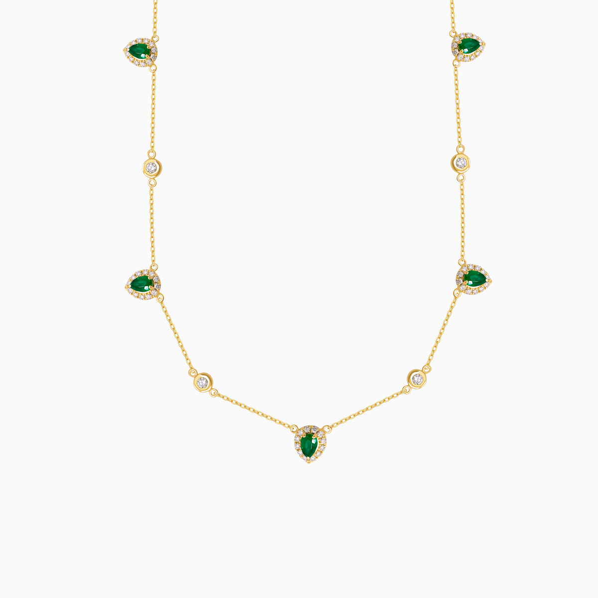 Collar oro amarillo 18K con 5 esmeraldas corte pera