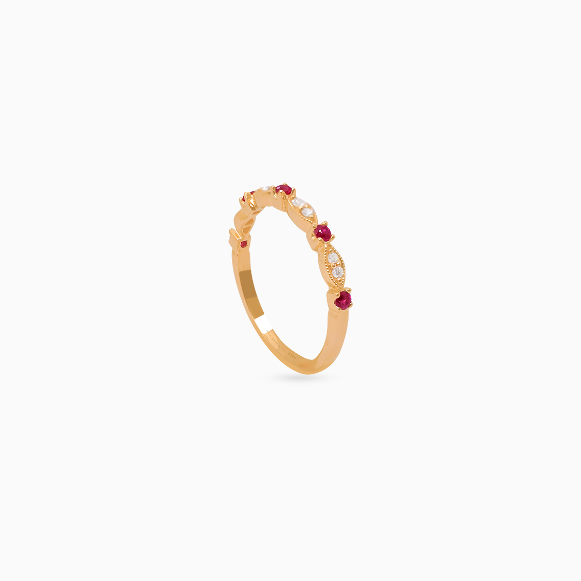 Anillo oro rosado 18K Medio rivière con rubíes y brillantes