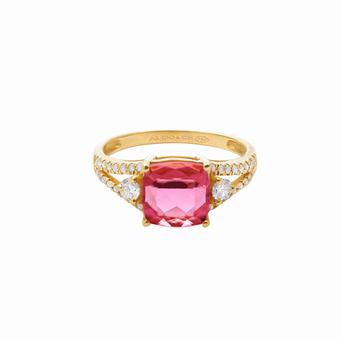 Anillo en oro amarillo 18K con brillantes y turmalina rosa