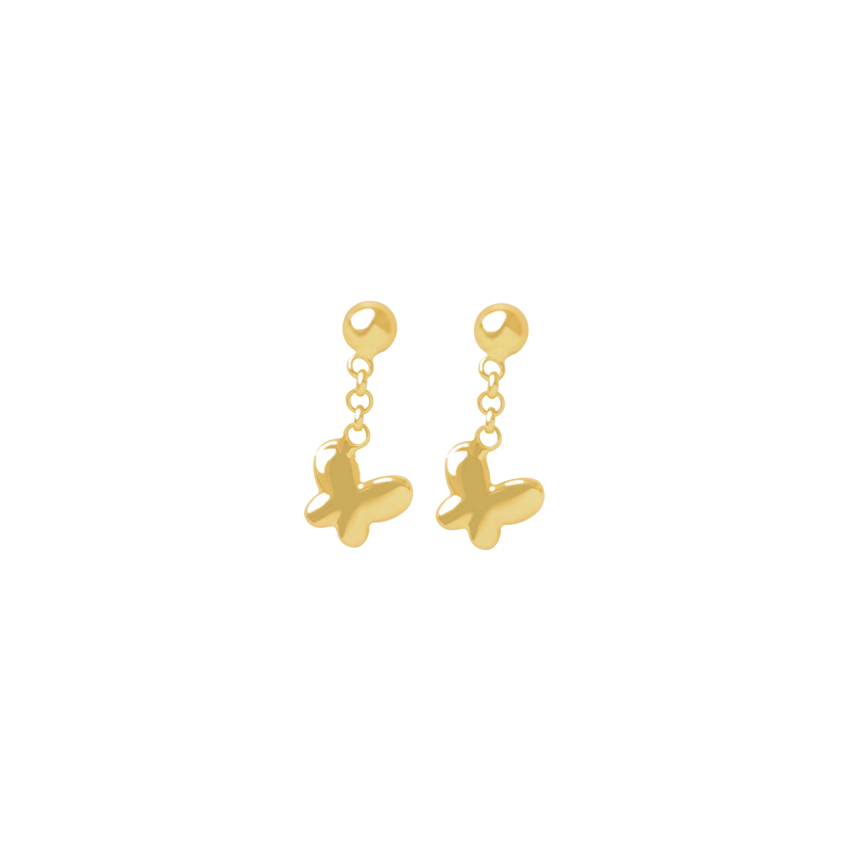 Aretes oro amarillo 18K con poste cadena con mariposa
