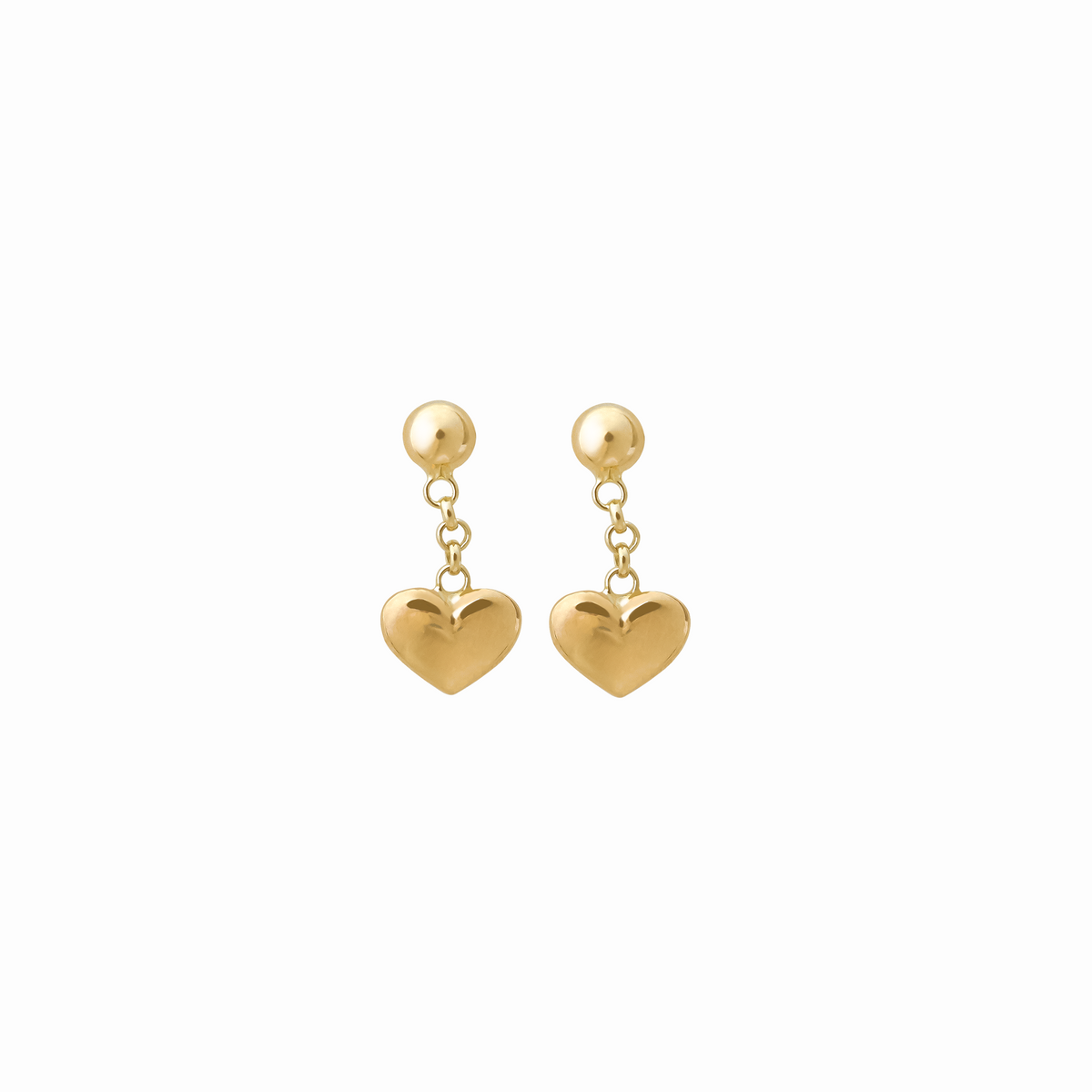 Aretes oro amarillo 18K poste bolita y corazón bombeado colgante
