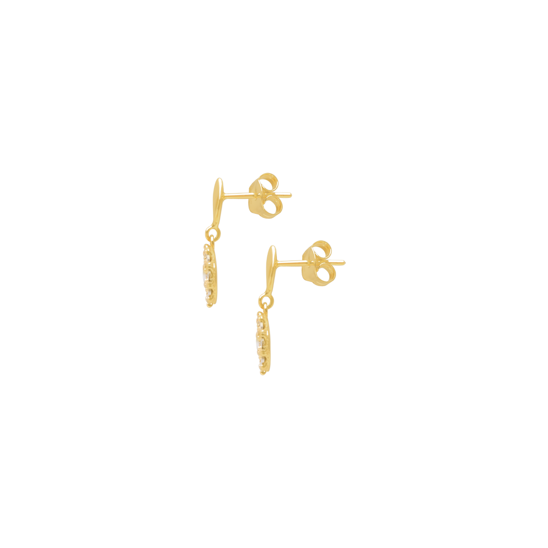 Aretes 2 oros 18K poste ojival colgante redondo con textura diamantado