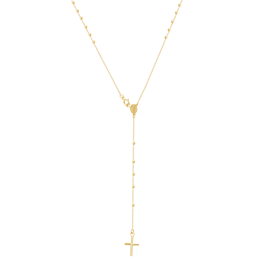 Collar oro amarillo 18K rosario bolitas ranura con medalla y cruz