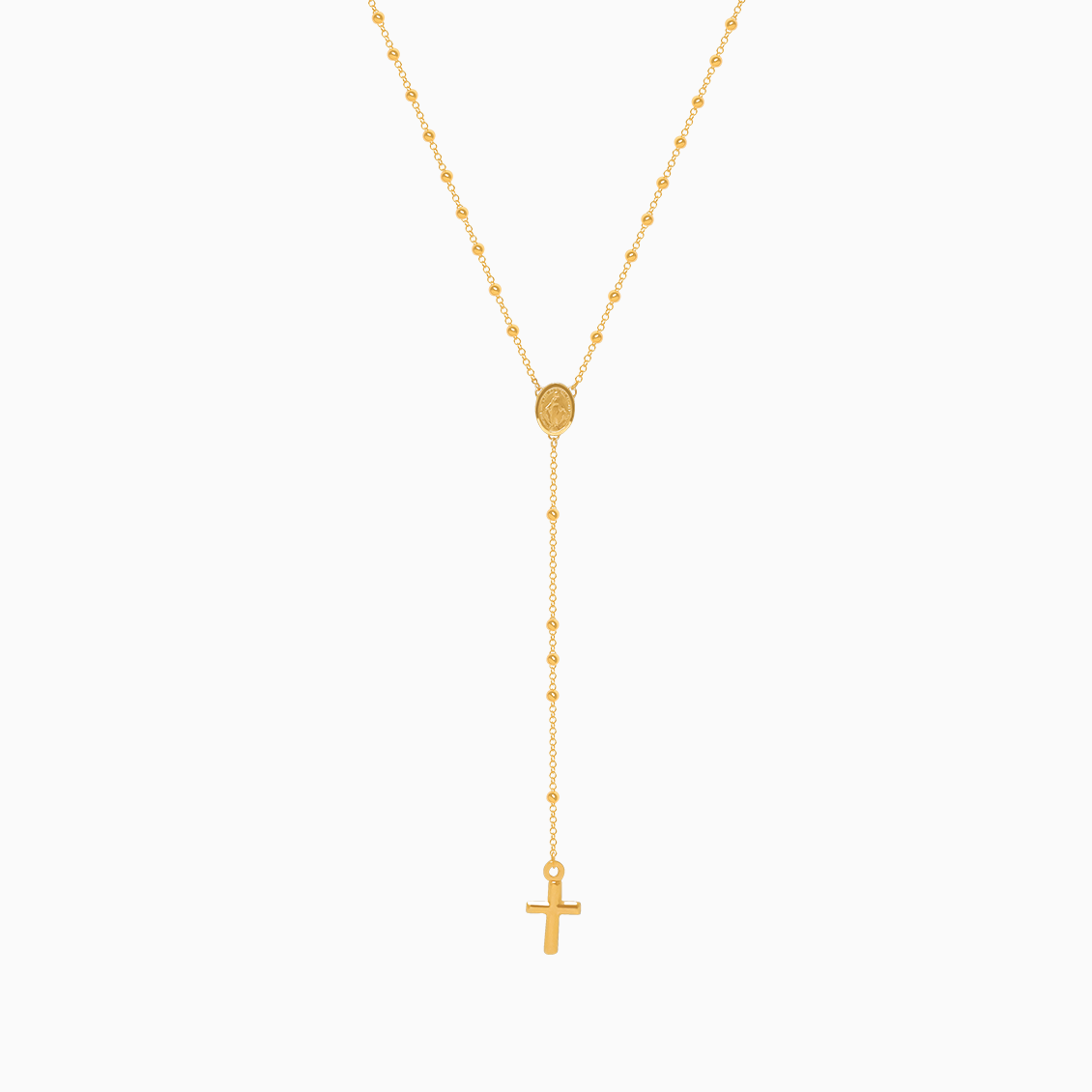Collar en oro amarillo de 18K rosario con bolitas intercaladas y dije de la Virgen