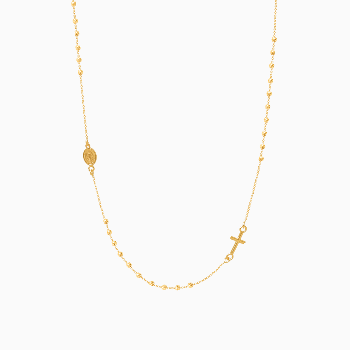 Collar en oro amarillo de 18K rosario con cruz y Virgen