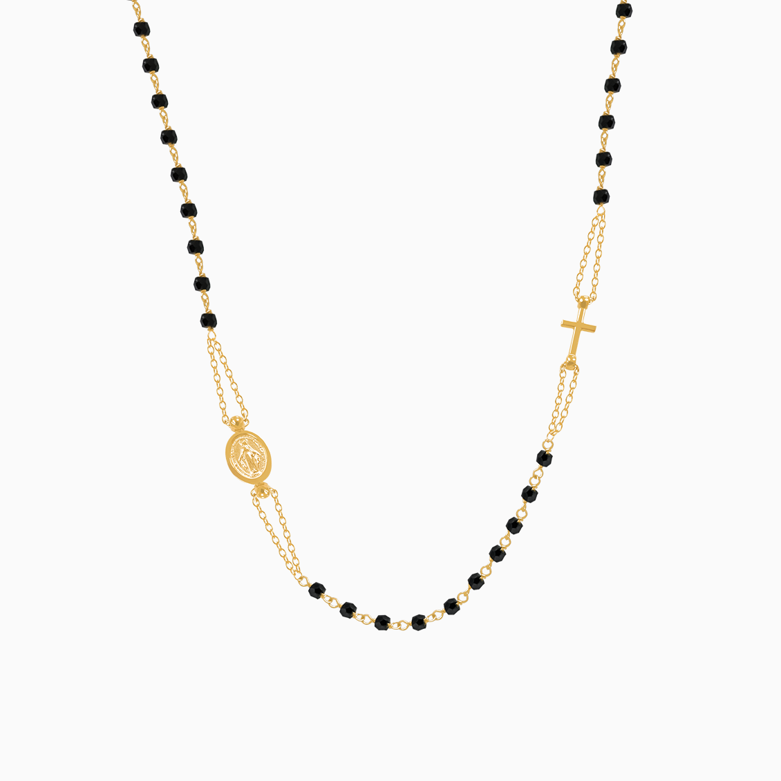 Collar en oro amarillo de 18K rosario con cuentas negras con cruz y Virgen.