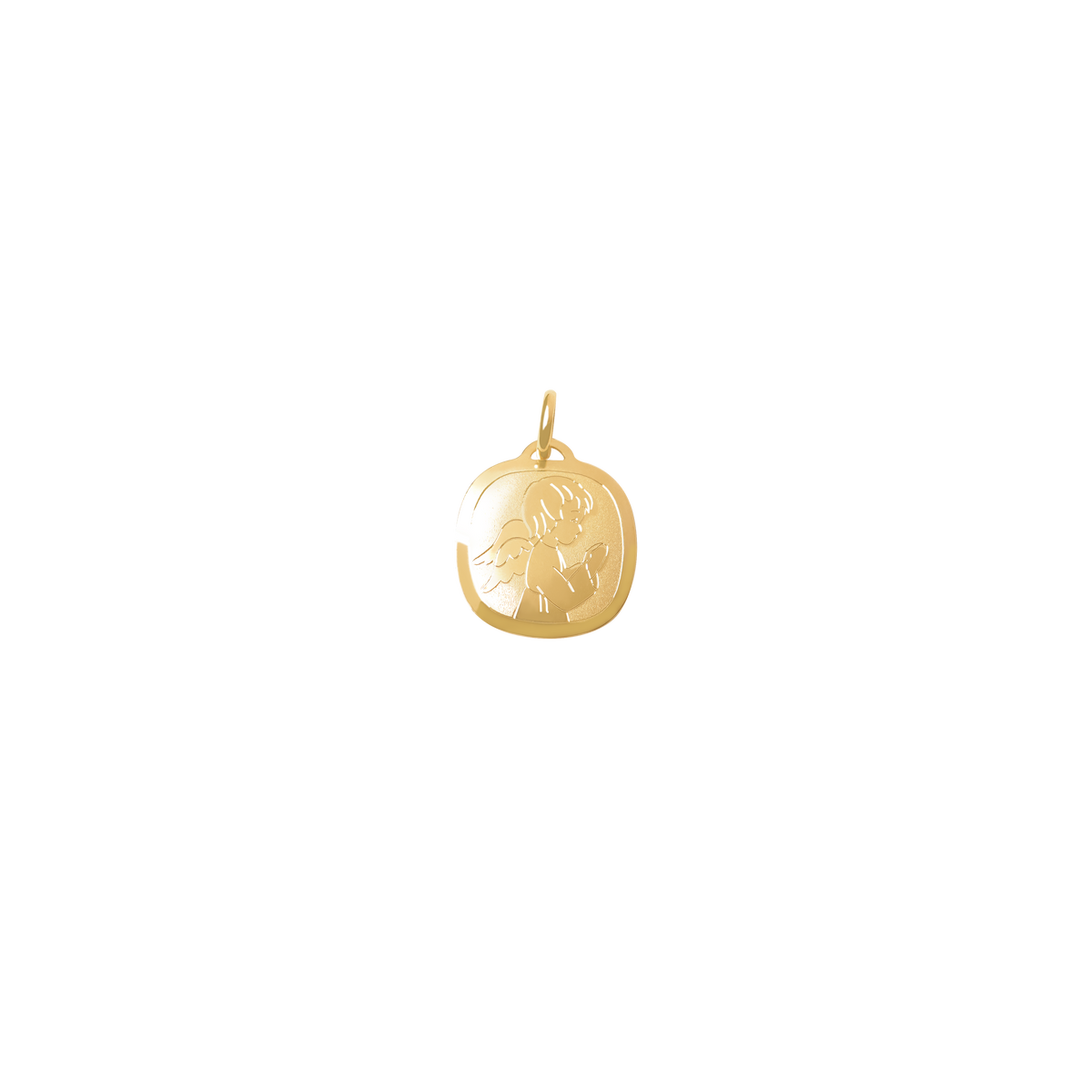 Dije en oro amarillo de 18K medalla cuadrada brilloso y diseño de angelito