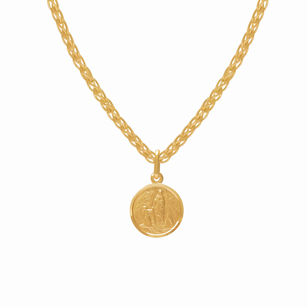 Dije en oro amarillo  18K medalla redonda nuestra señora de Lourdes