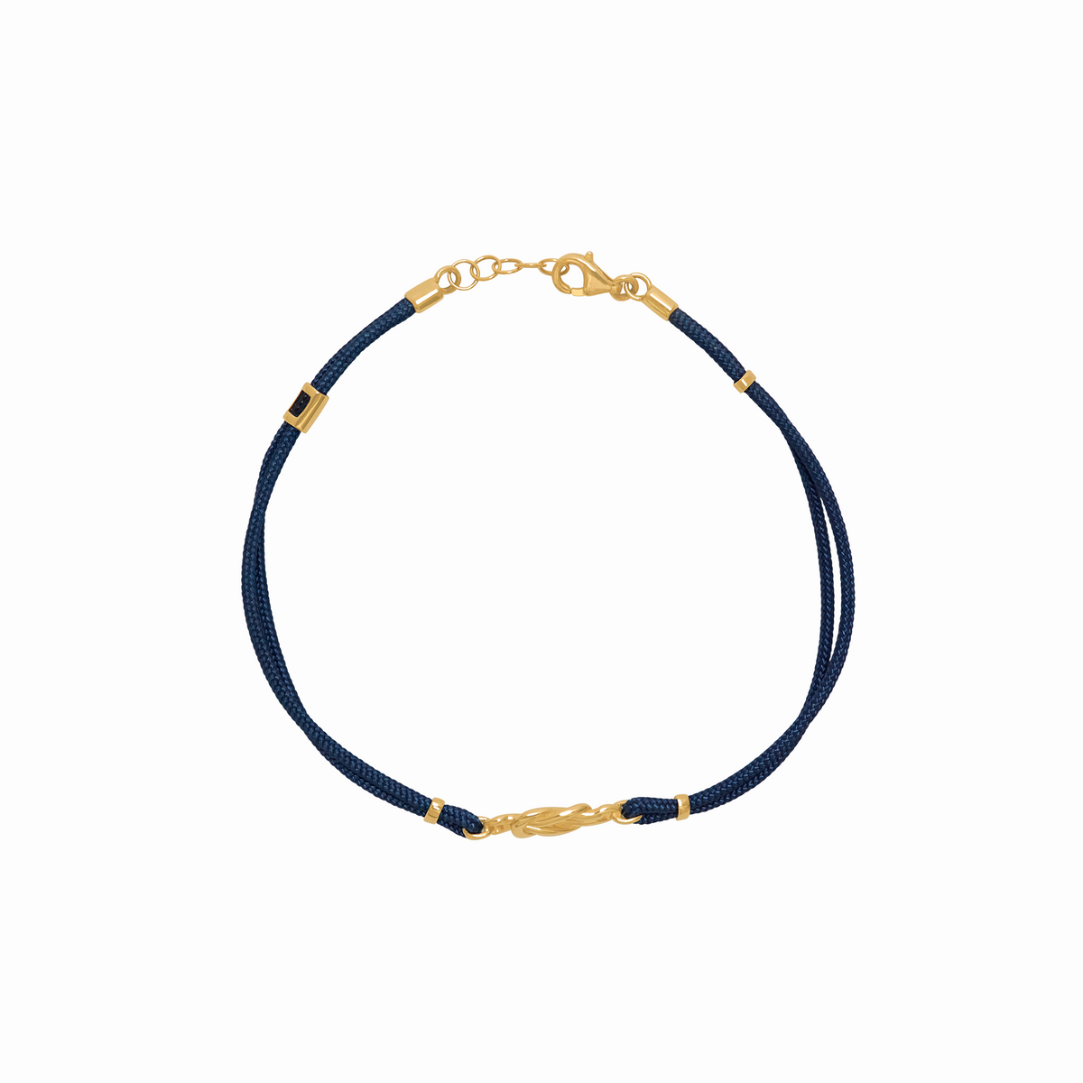 Pulsera en oro amarillo 18K con hilo azul y nudo infinito