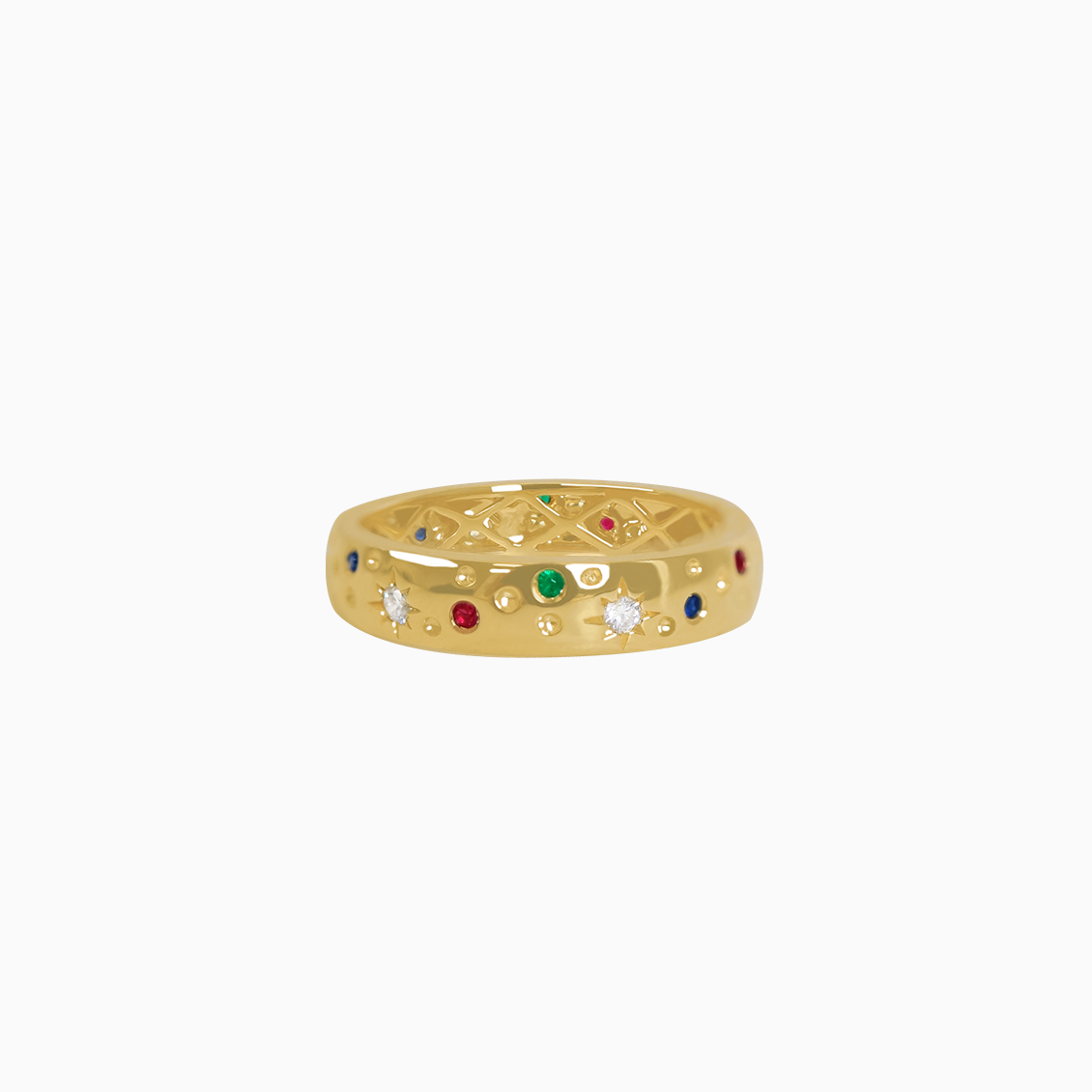 Anillo oro amarillo 18K con zafiros multicolores y brillantes