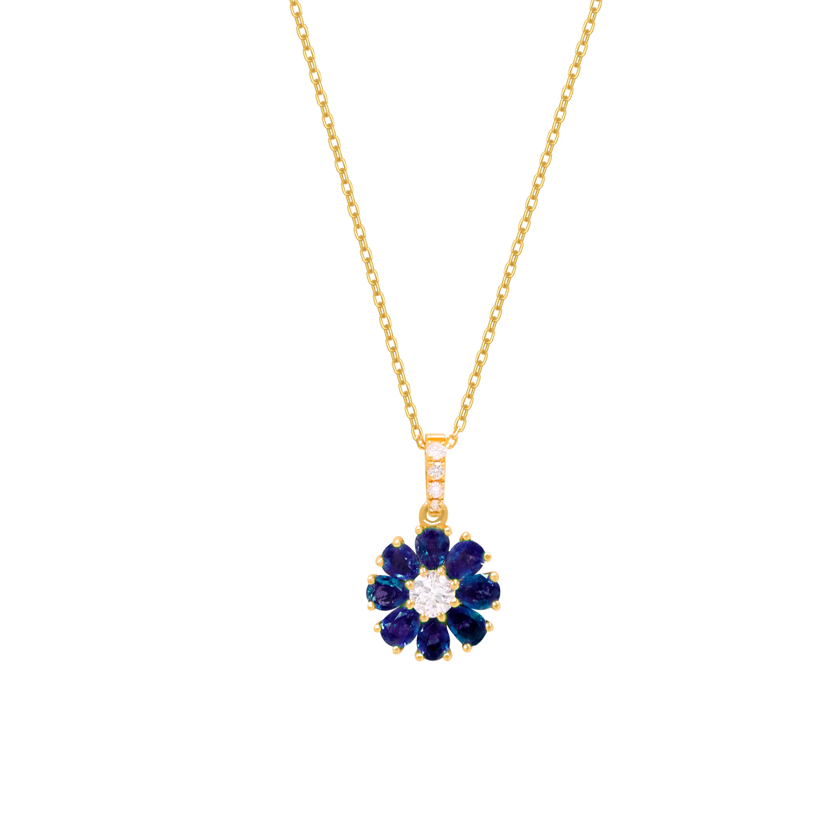 Collar en oro amarillo de 18K flor con zafiros
