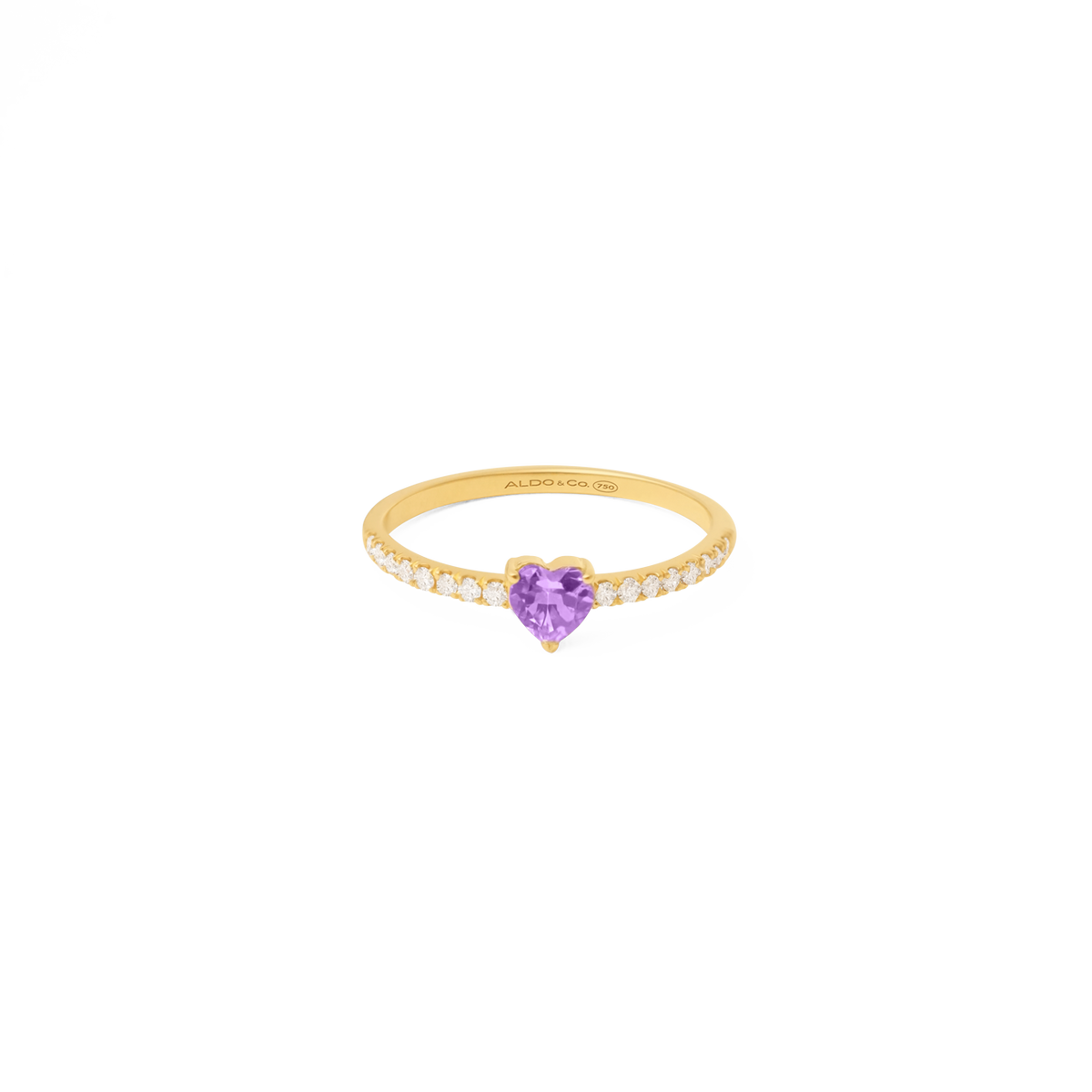 Anillo corazón oro amarillo de 18k con amatista y brillantes