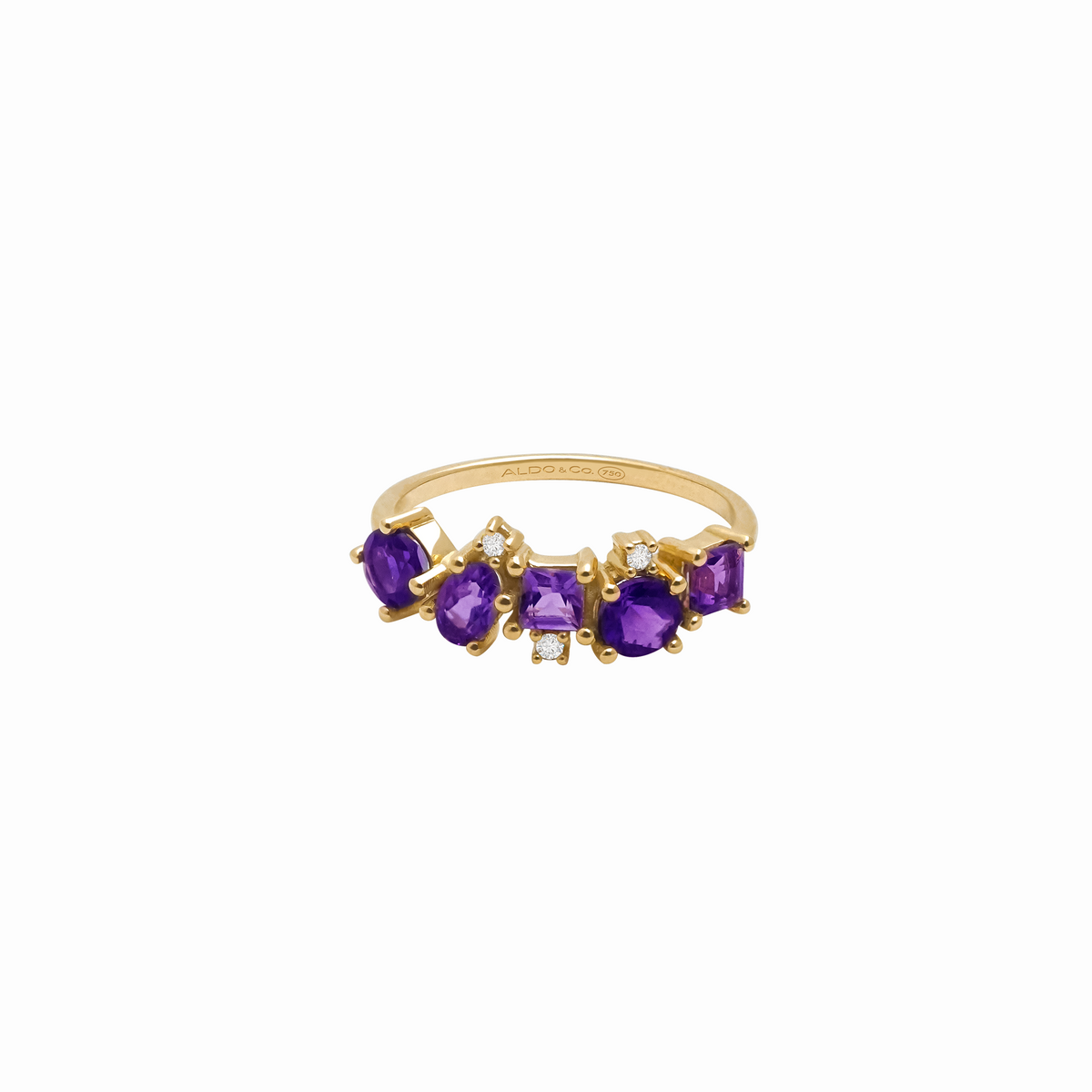 Anillo en oro amarillo de 18K con amatistas y brillantes