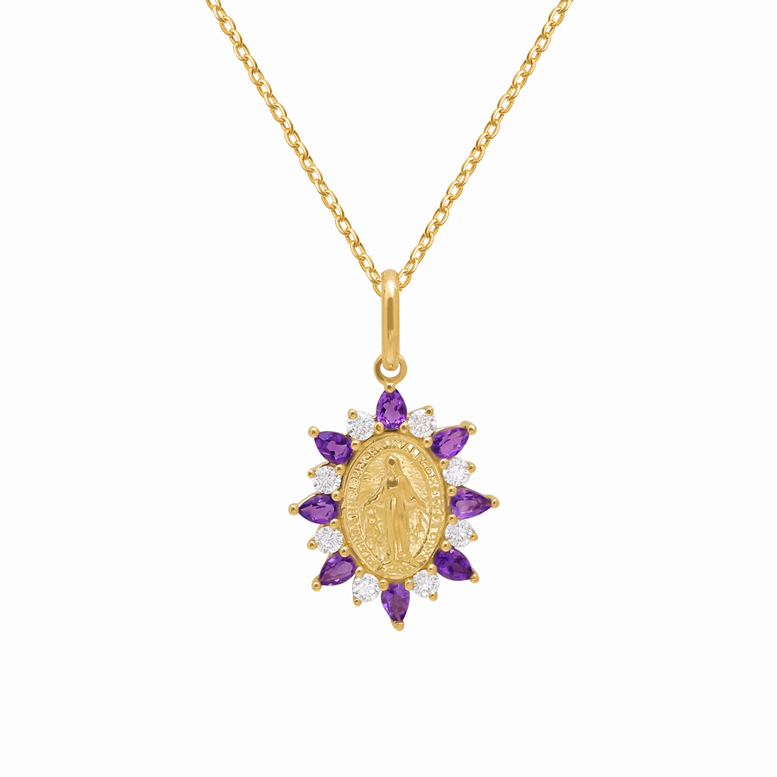 Dije en oro amarillo 18K medalla religiosa con amatistas pera y brillantes