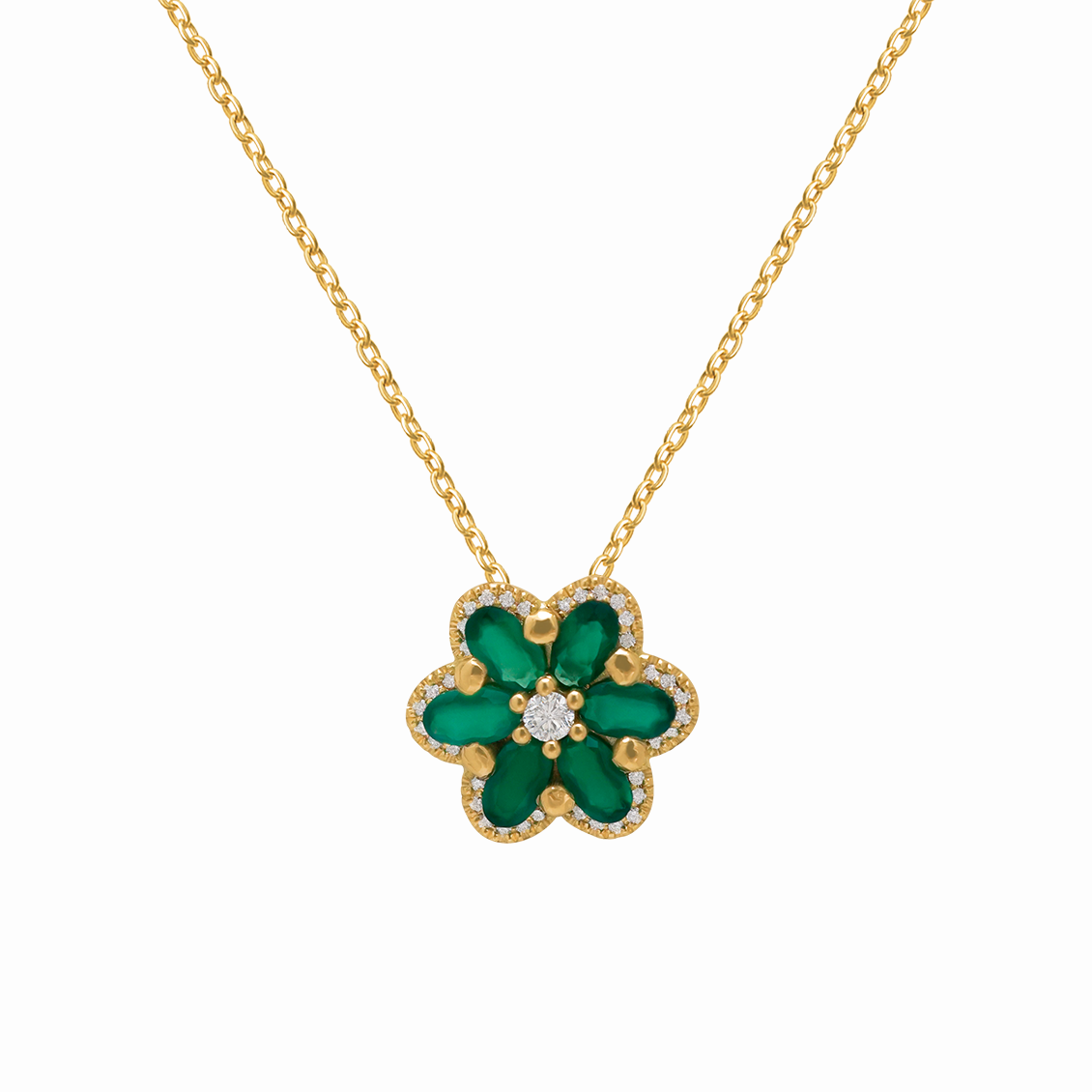 Dije en oro amarillo 18K flor con ágata y brillantes con pasacadena posterior