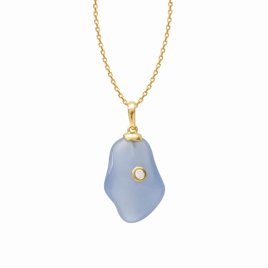 Dije en oro amarillo orgánico con cuarzos calcedonia amorfo