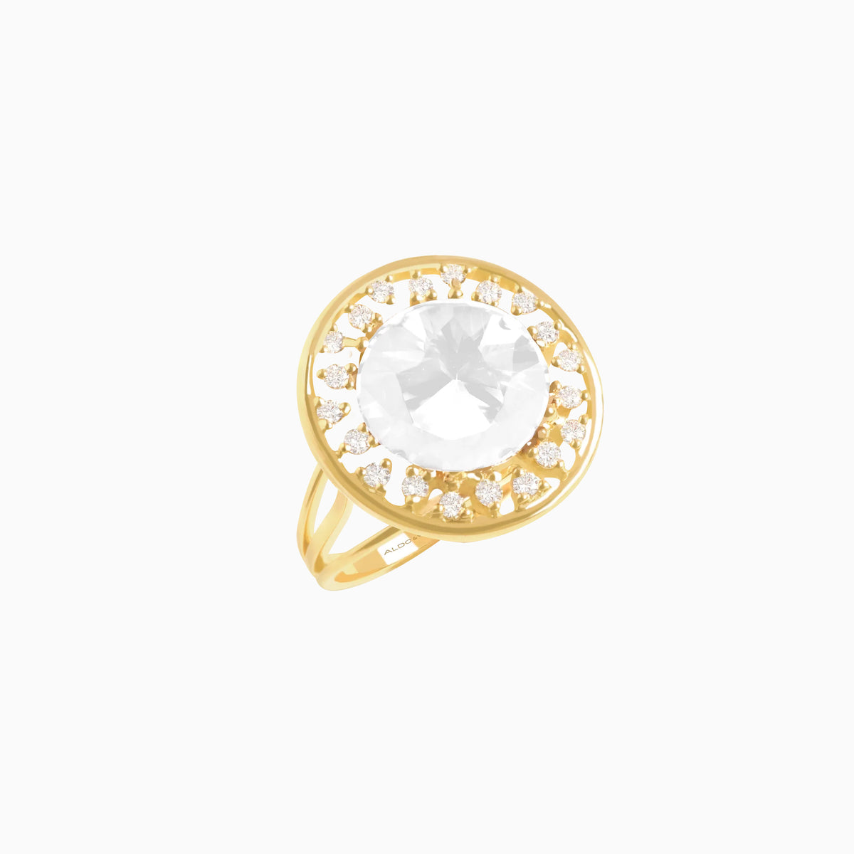 Anillo en oro amarillo de 18K redondo calado con cuarzo cristal redondo
