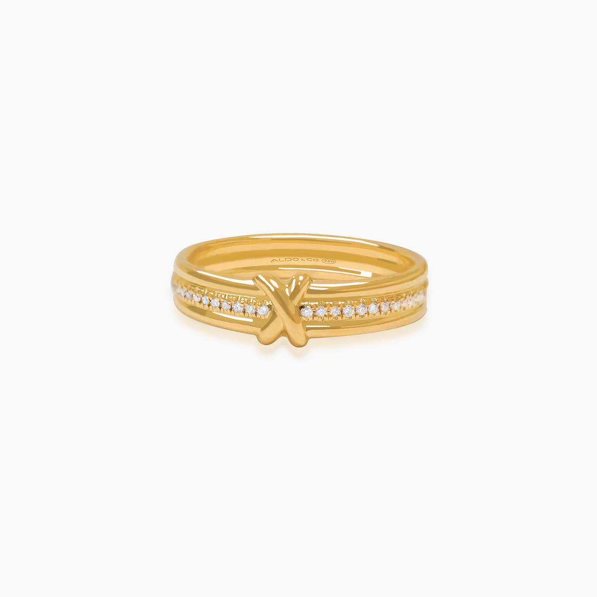Anillo oro amarillo 18K tres rieles con brillantes y equis