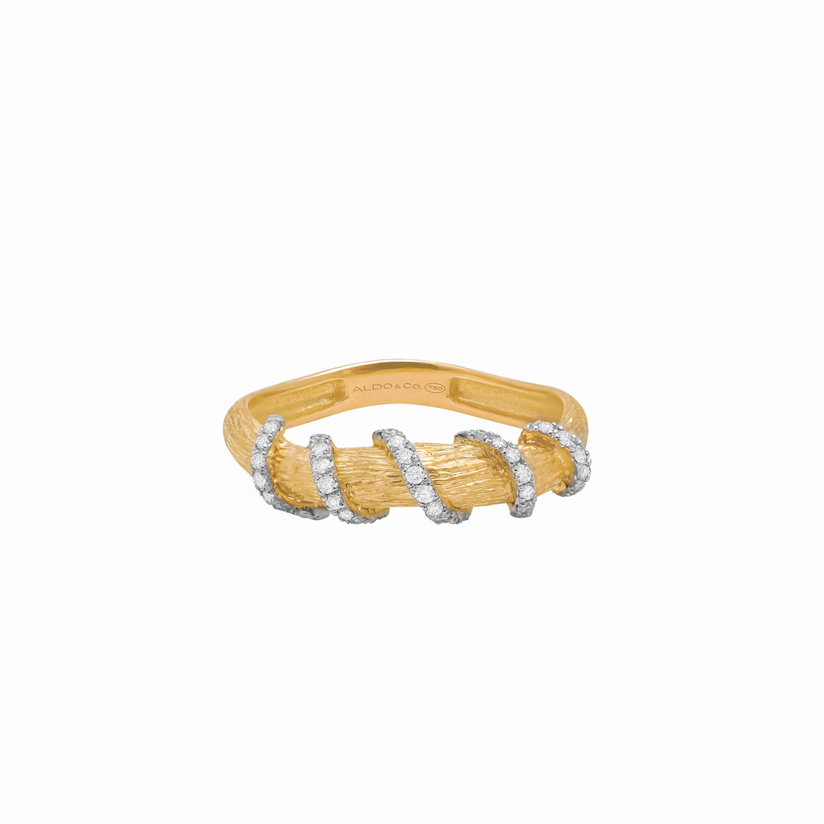 Anillo en oro amarillo de 18K aro torcido mateado con brillantes