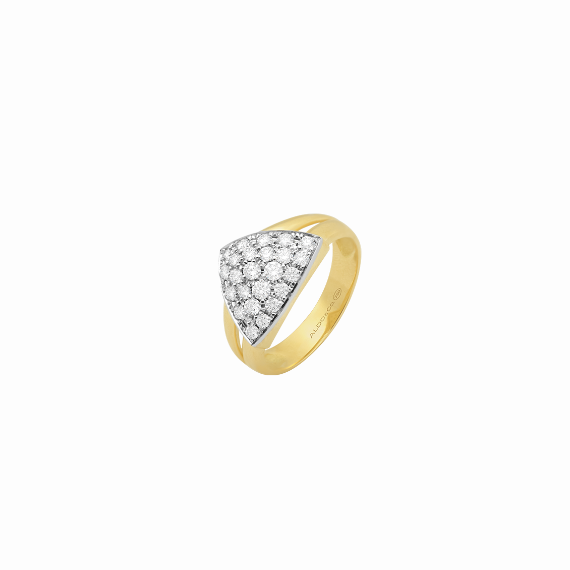 Anillo en oro amarillo 18K triangular pavé con rodio