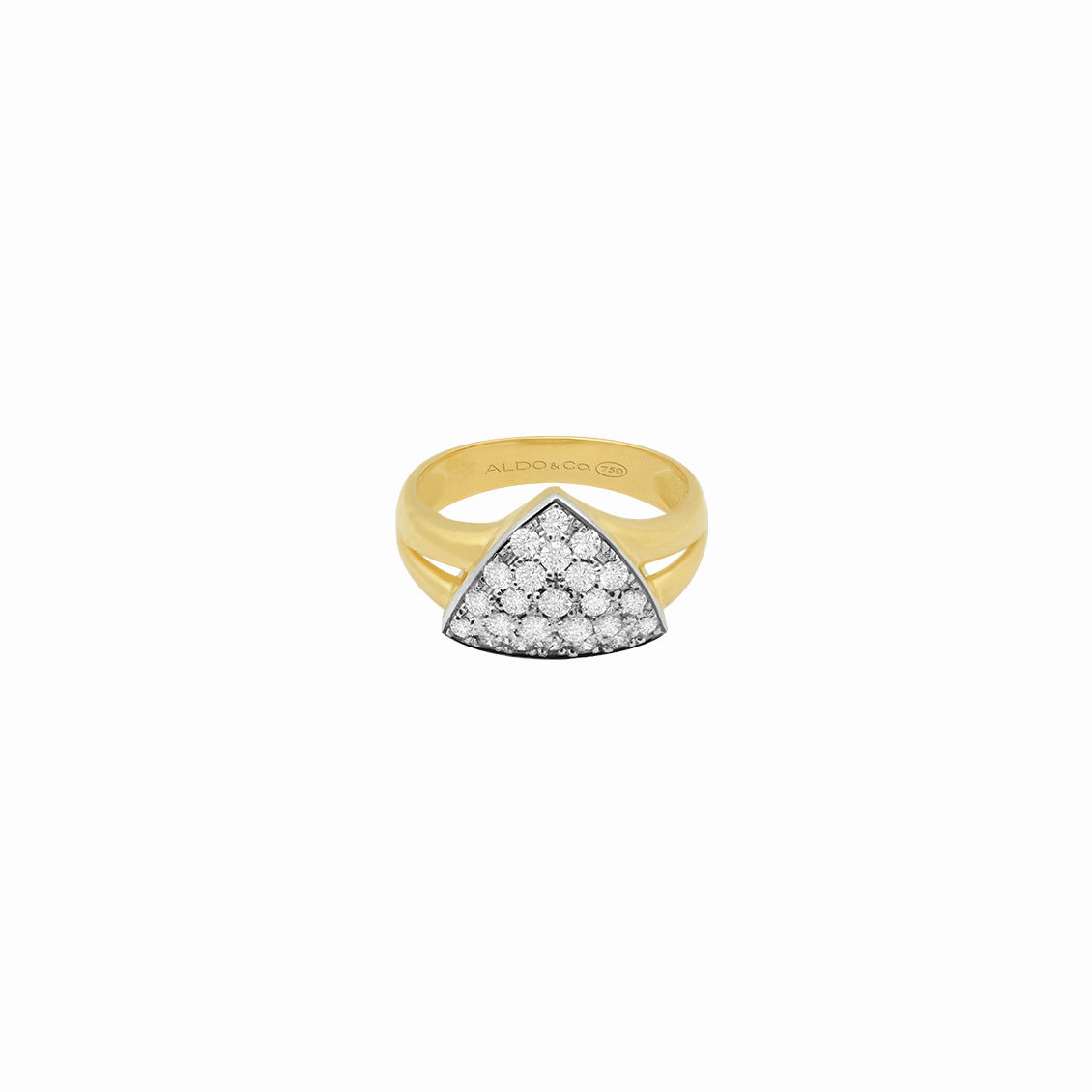 Anillo en oro amarillo 18K triangular pavé con rodio