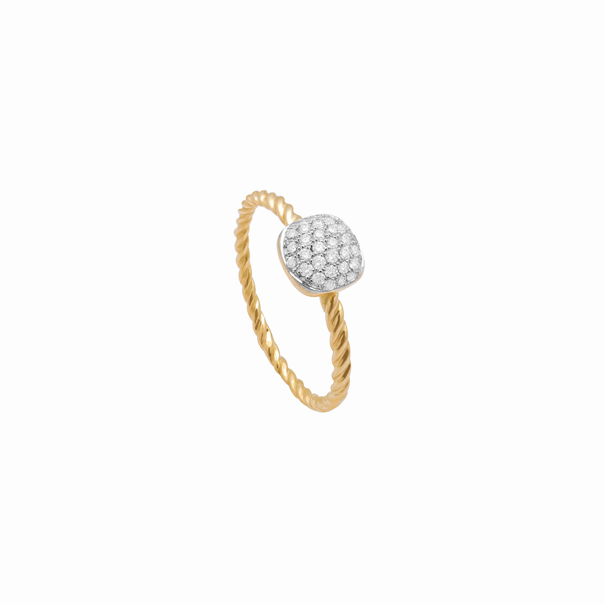 Anillo entorchado en oro amarillo 18K con brillantes canastilla cushion