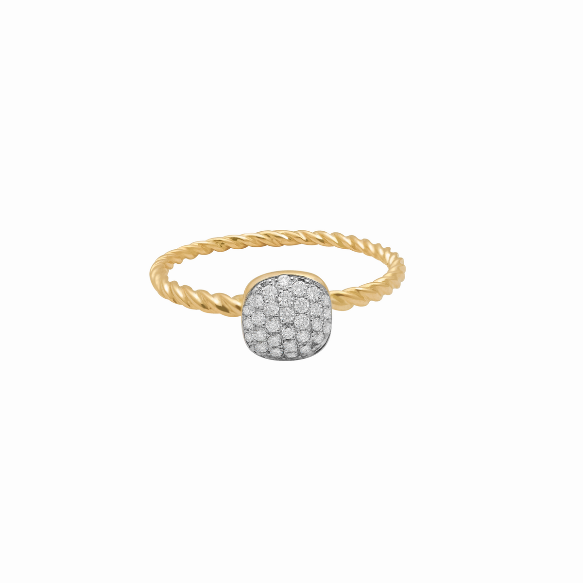 Anillo entorchado en oro amarillo 18K con brillantes canastilla cushion