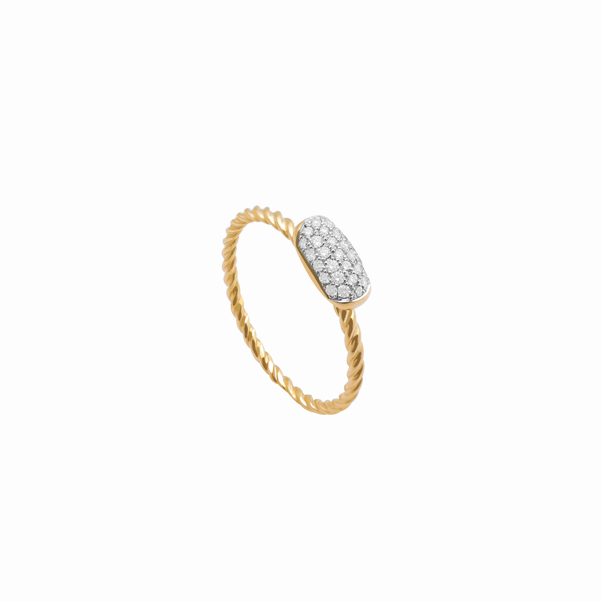 Anillo entorchado en oro amarillo 18K cushion alargado con rodio brillantes