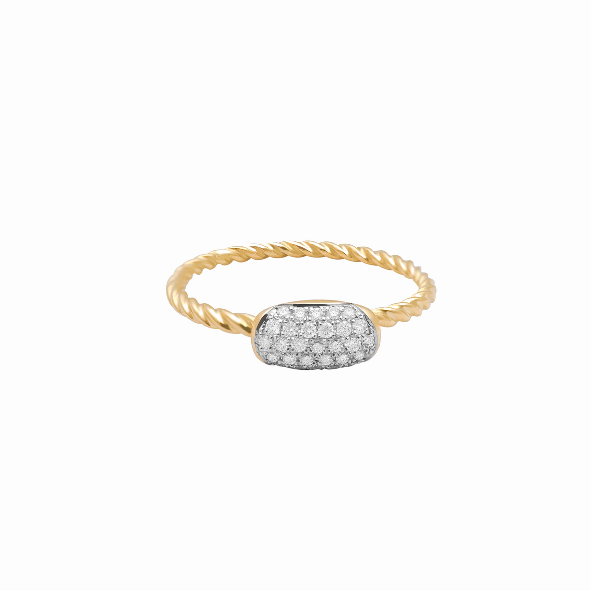 Anillo entorchado en oro amarillo 18K cushion alargado con rodio brillantes