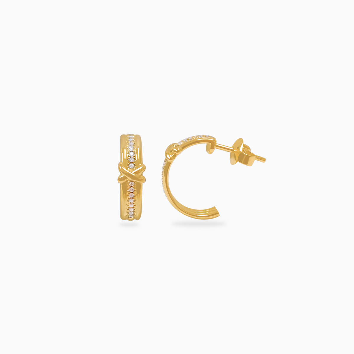 Aretes oro amarillo 18K tres rieles en forma de argolla y equis central
