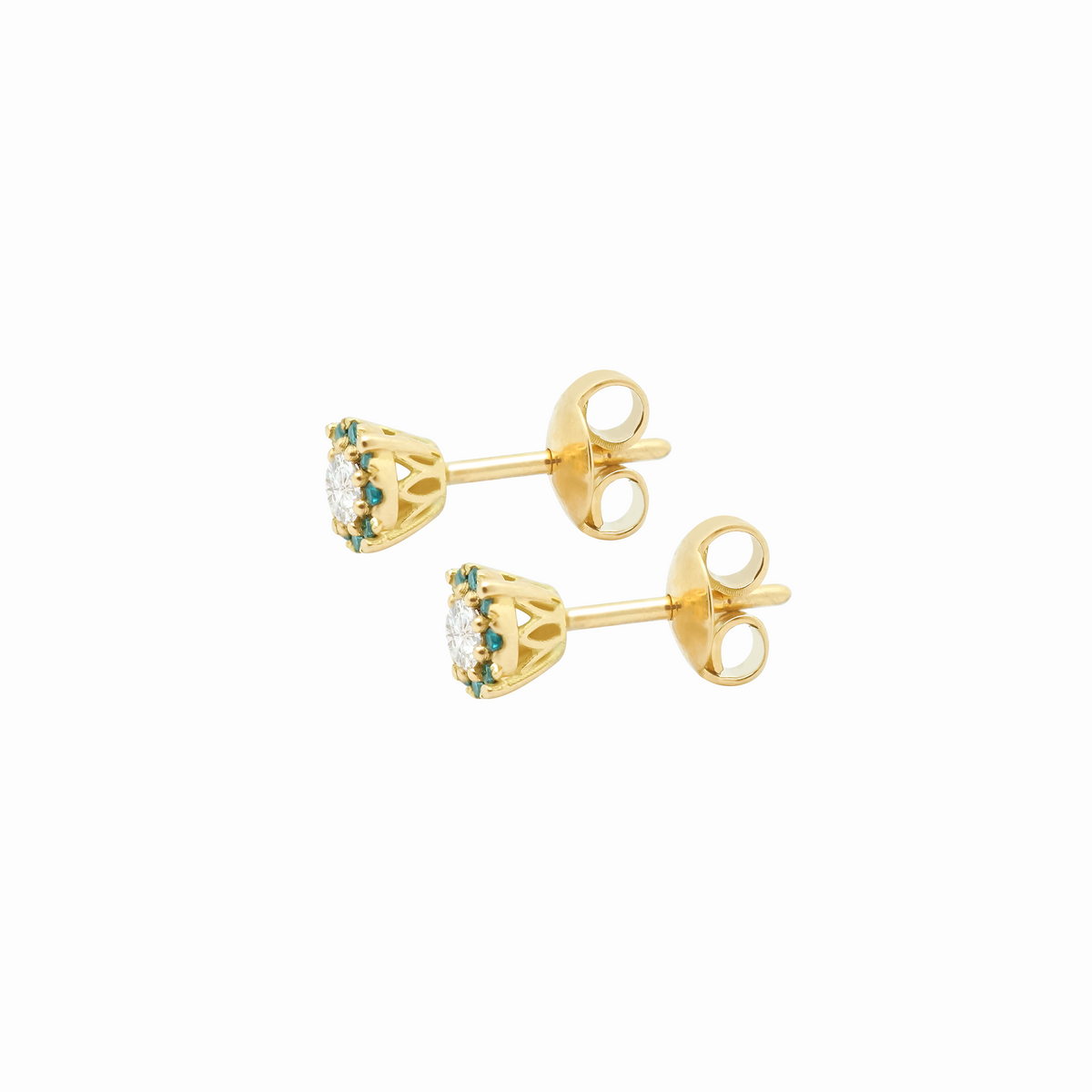 Aretes en oro amarillo de 18K roseta redonda con brillantes azules