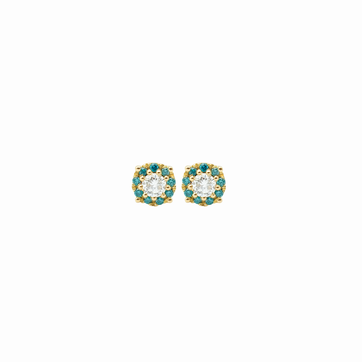 Aretes en oro amarillo de 18K roseta redonda con brillantes azules