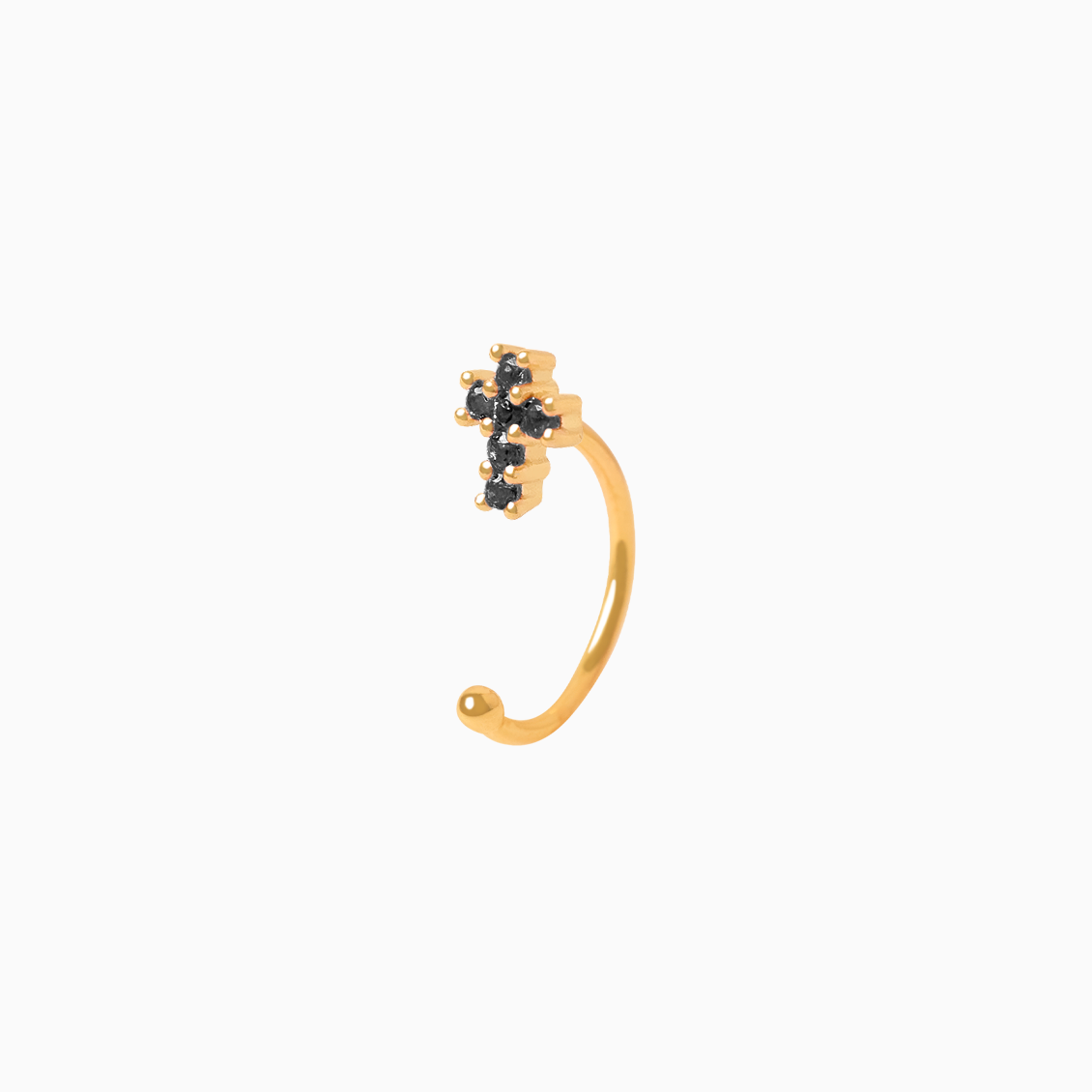 Medio arete en oro amarillo de 18K piercing cruz con brillantes negros