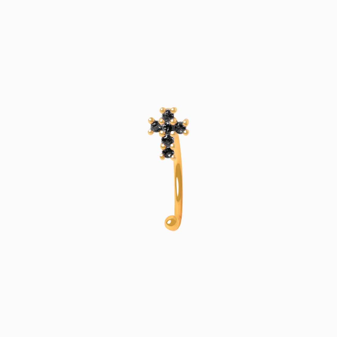 Medio arete en oro amarillo de 18K piercing cruz con brillantes negros