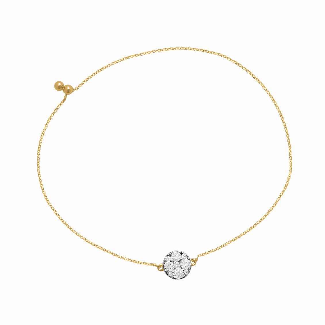 Pulsera en oro amarillo 18K con roseta cadena rolito regulable y brillantes