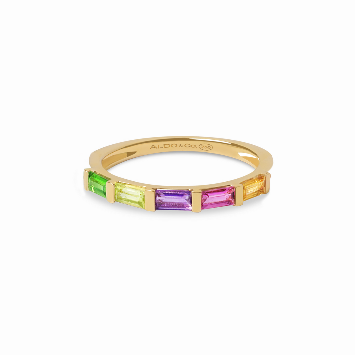 Anillo en oro amarillo 18K con baguette multicolor Rainbow