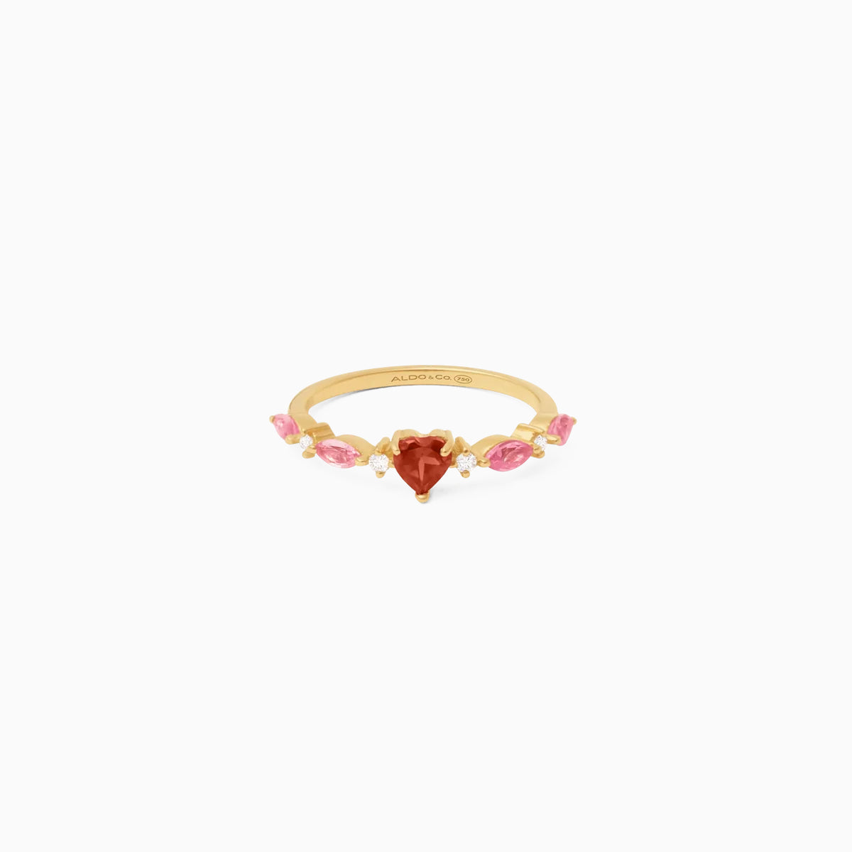 Anillo oro amarillo de 18k corazón con granate, zafiros y brillos