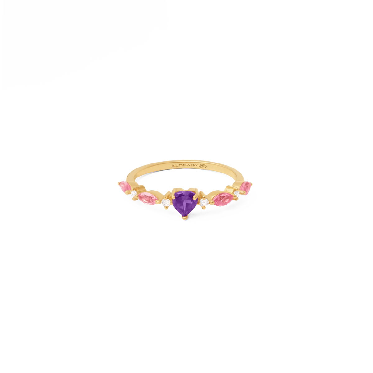 Anillo oro amarillo de 18k corazón con amatista, zafiros y brillos