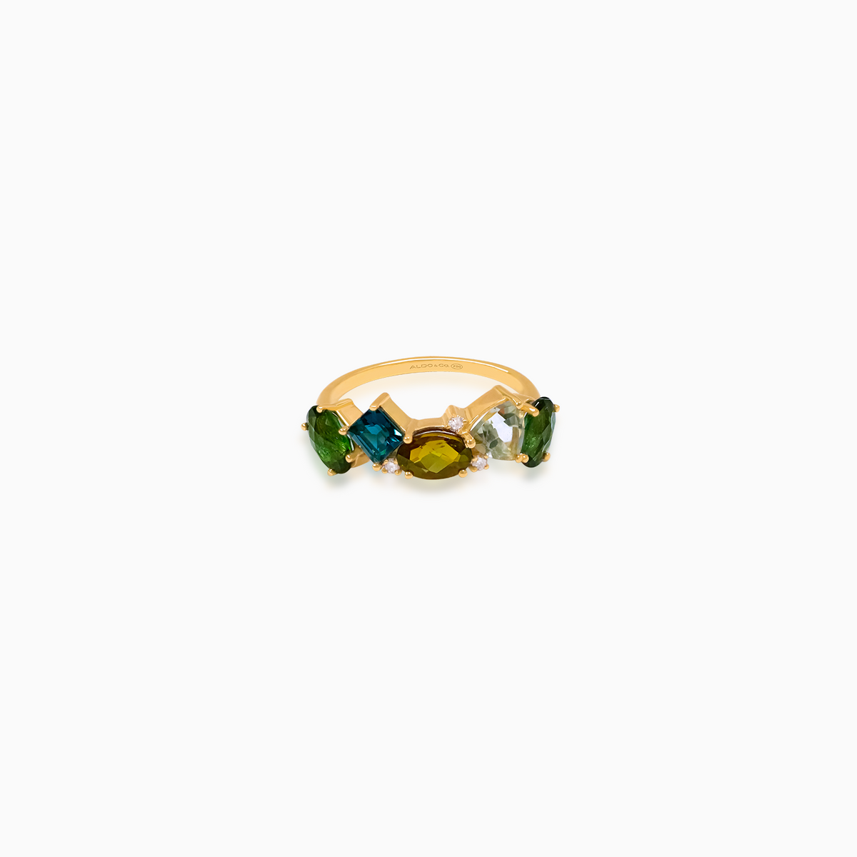 Anillo oro amarillo 18K turmalinas ovales y princess verde azulado, prasiolita corte trilliant
