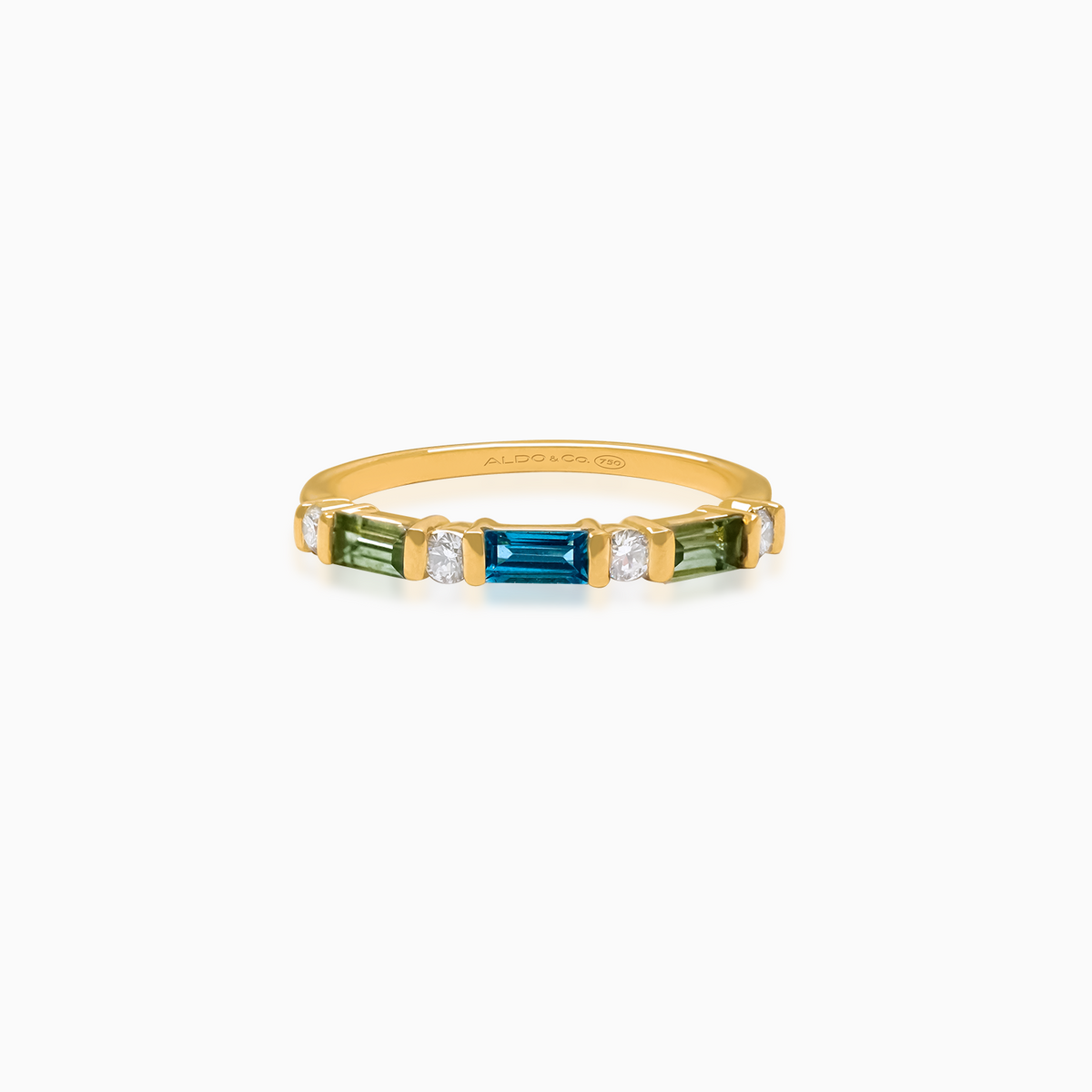 Anillo oro amarillo 18K medio rivière con topacio azul, zafiro verde baguettes y brillantes