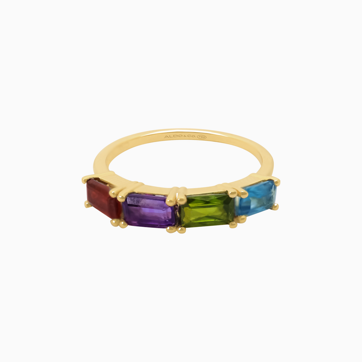 Anillo oro amarillo 18K medio rivière rainbow con topacio london, granate, turmalina y amatista