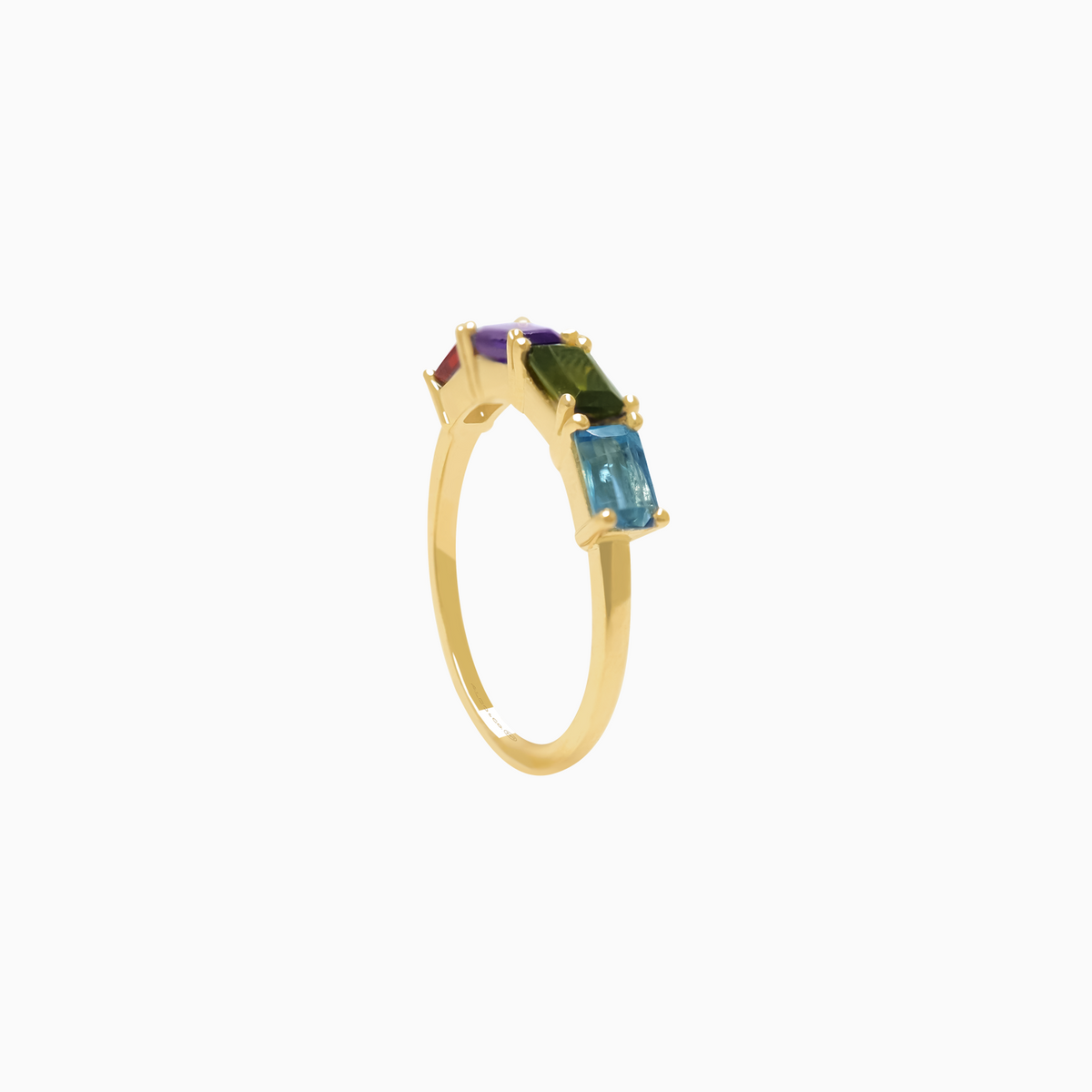 Anillo oro amarillo 18K medio rivière rainbow con topacio london, granate, turmalina y amatista
