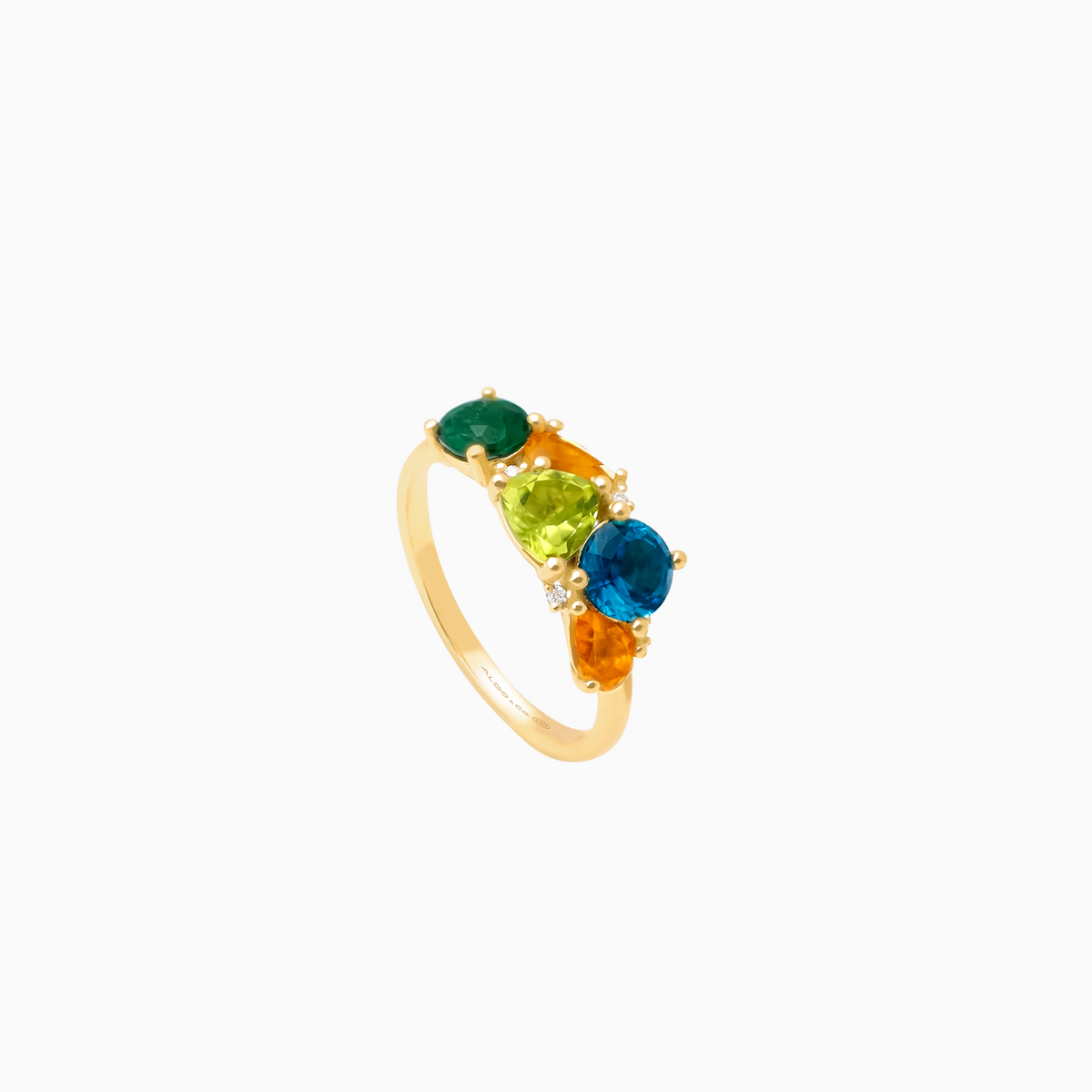 Anillo en oro amarillo de 18K con topacio, citrino, turmalina verde, peridoto y brillantes