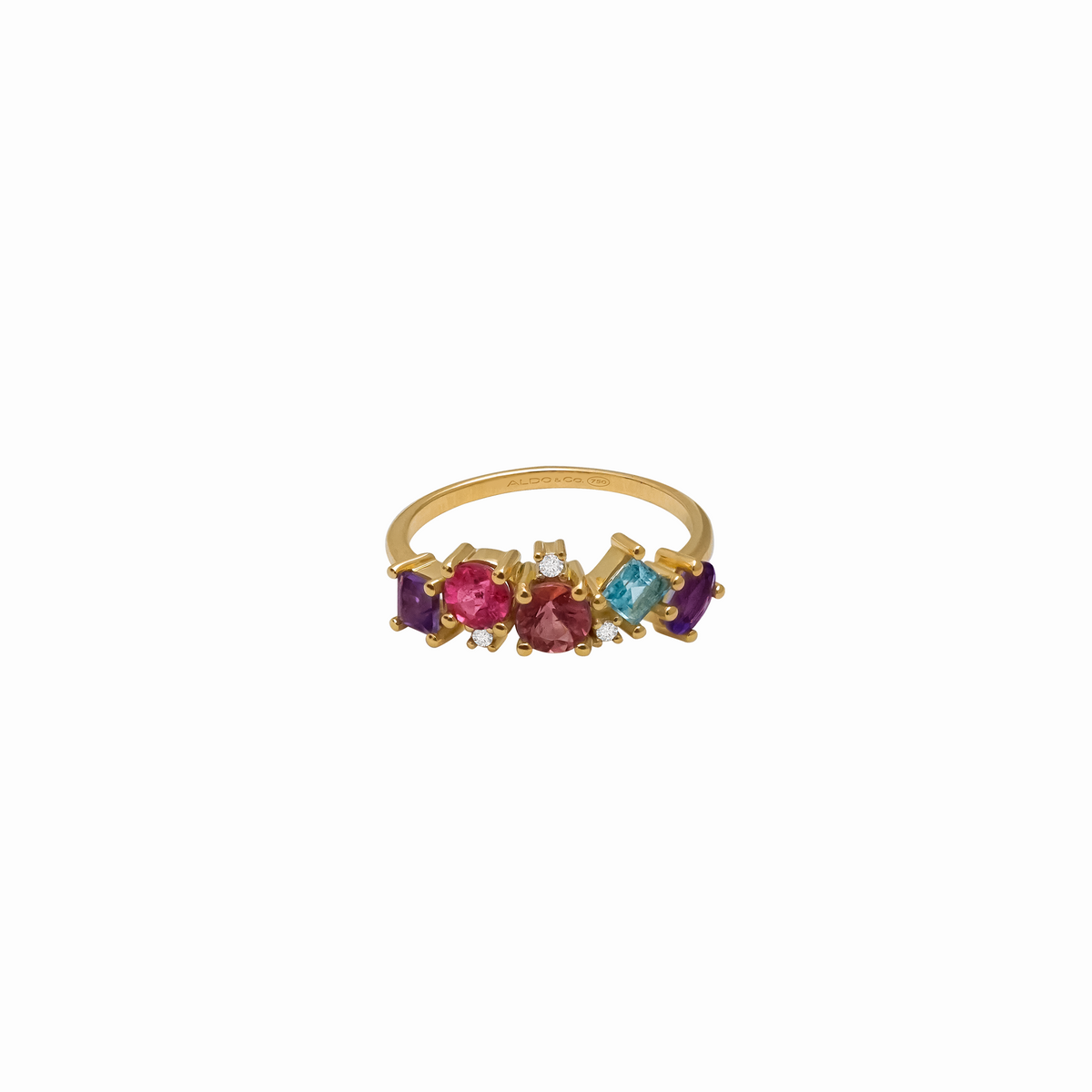 Anillo en oro amarillo de 18K con turmalinas, amatistas y topacios
