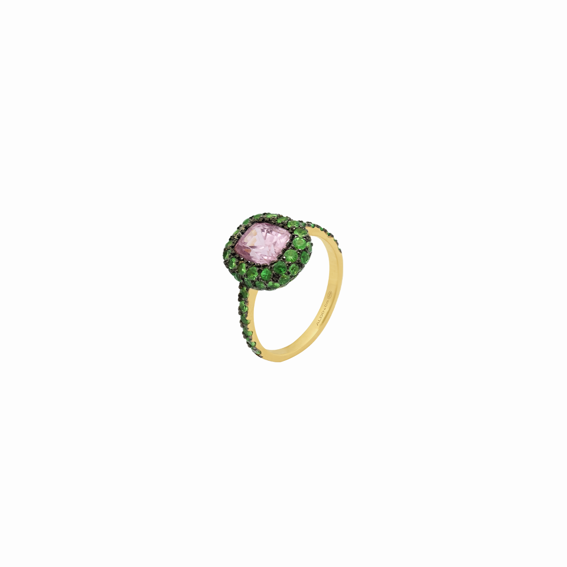 Anillo en oro amarillo 18K espinel cushion con tsavoritas y aro liso