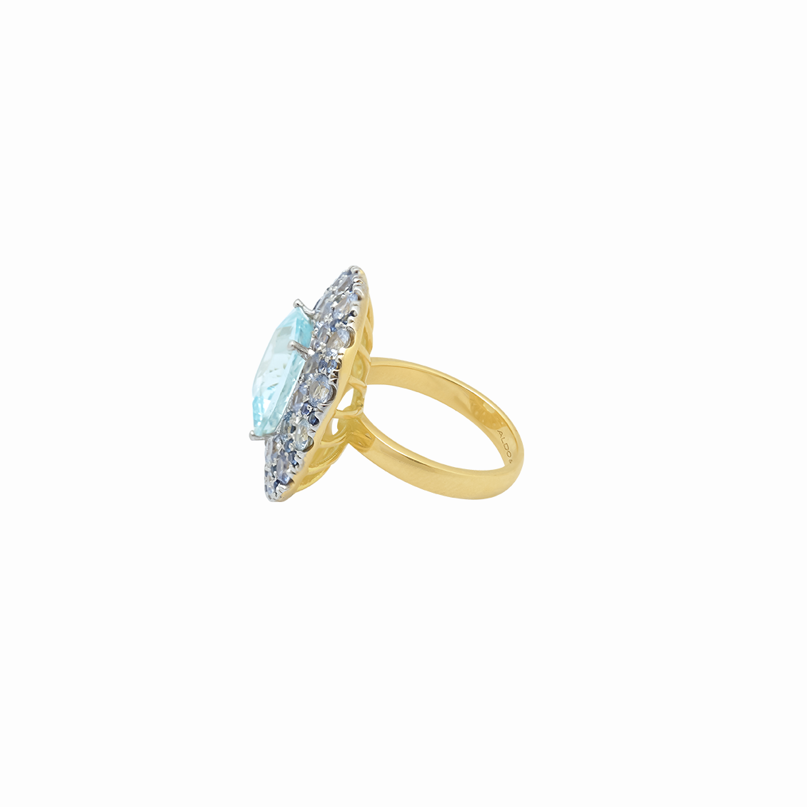 Anillo en oro amarillo 18K aquamarina cushion y zafiros y aro liso